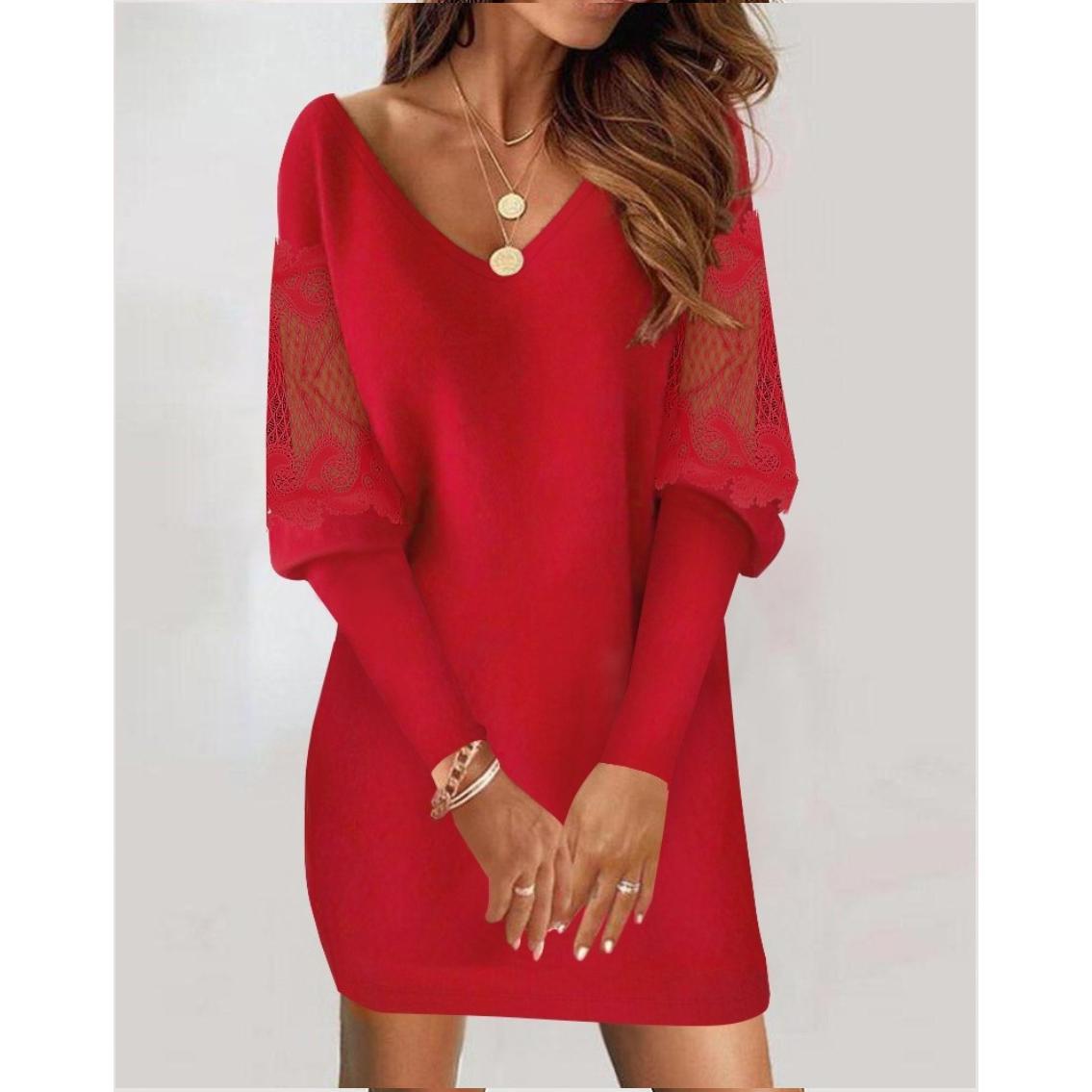 

Осінній Новий Стиль Сукня з V-подібним вирізом, довгим рукавом, принтом, мереживною вставкою XXL червоний