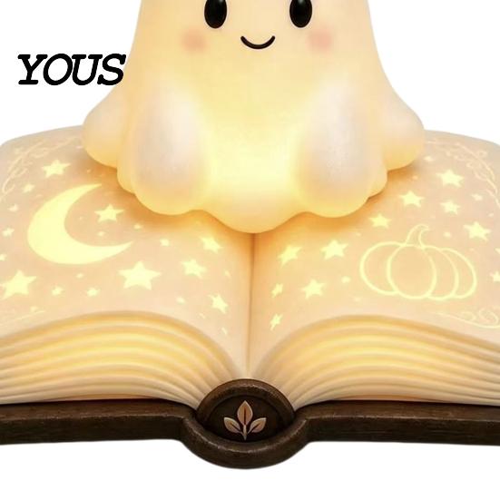 Lâmpada de Mesa Figurine Fantasma Livro Mágico Luz Noturna, Resina de Mesa Brilho Quente com Lua Luz Fofa Estrela em Relevo, Mesinha de Cabeceira para Dormir para Crianças
