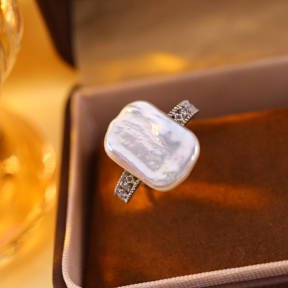 SENIKO 12-16mm Natural Freshwater Pearl Rings For Women Fashion Female Cubic Zirconia CZ Ring Pearl Jewelry Adjustable Ring