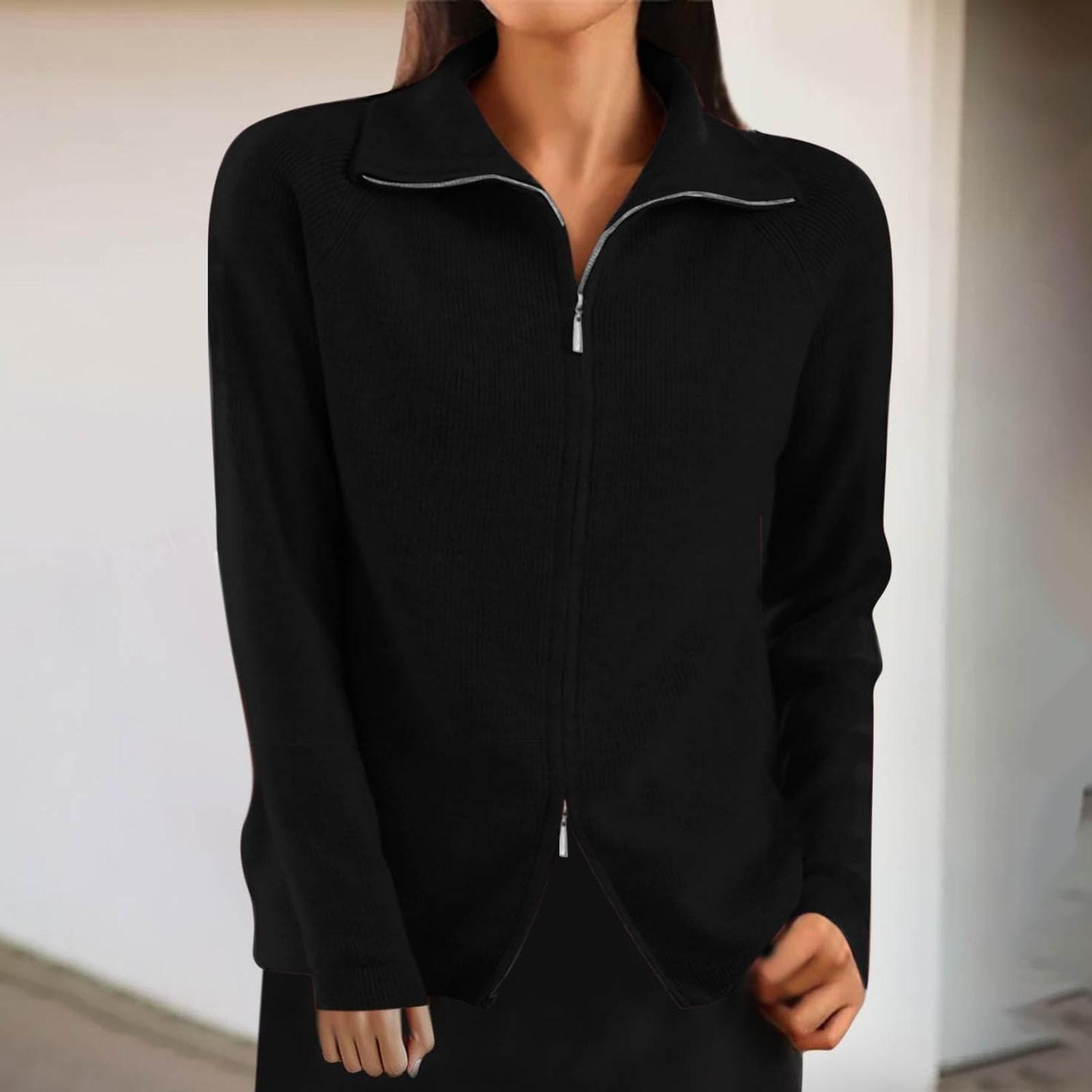 Женский повседневный и модный однотонный вязаный свитер с длинными рукавами воротником и двойными молниями L чёрный 2980₽
