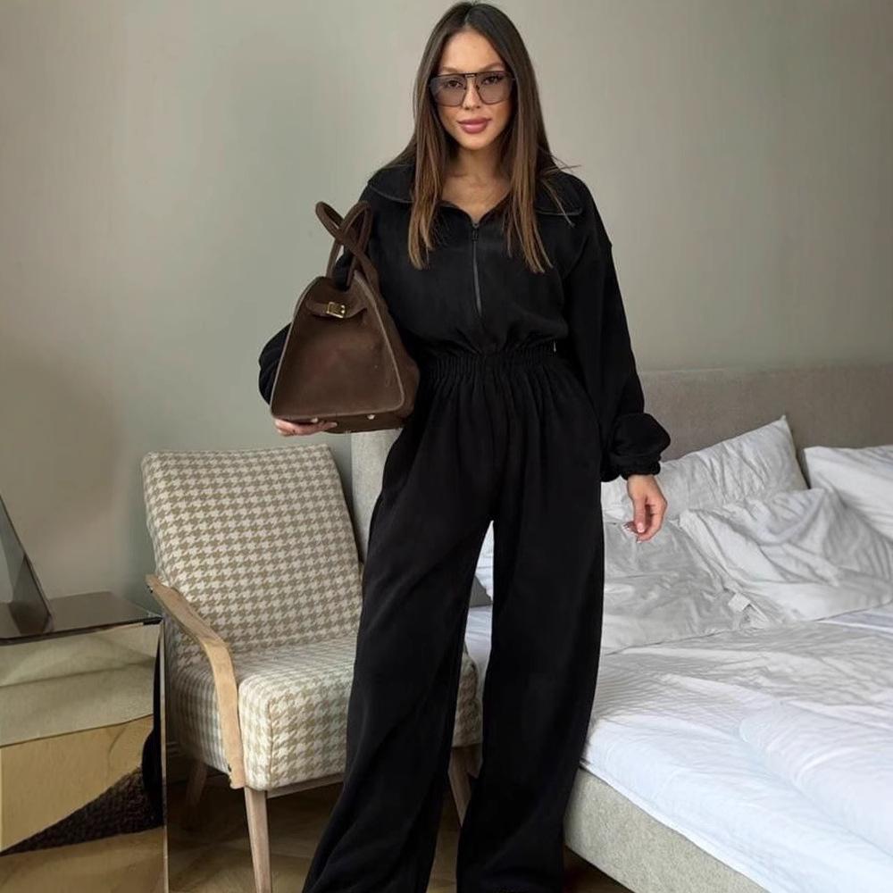 European and American Autumn and Winter Women's New Fashion Long-sleeved Jumpsuit Women's Casual Semi-open Elastic Waist Jumpsuit