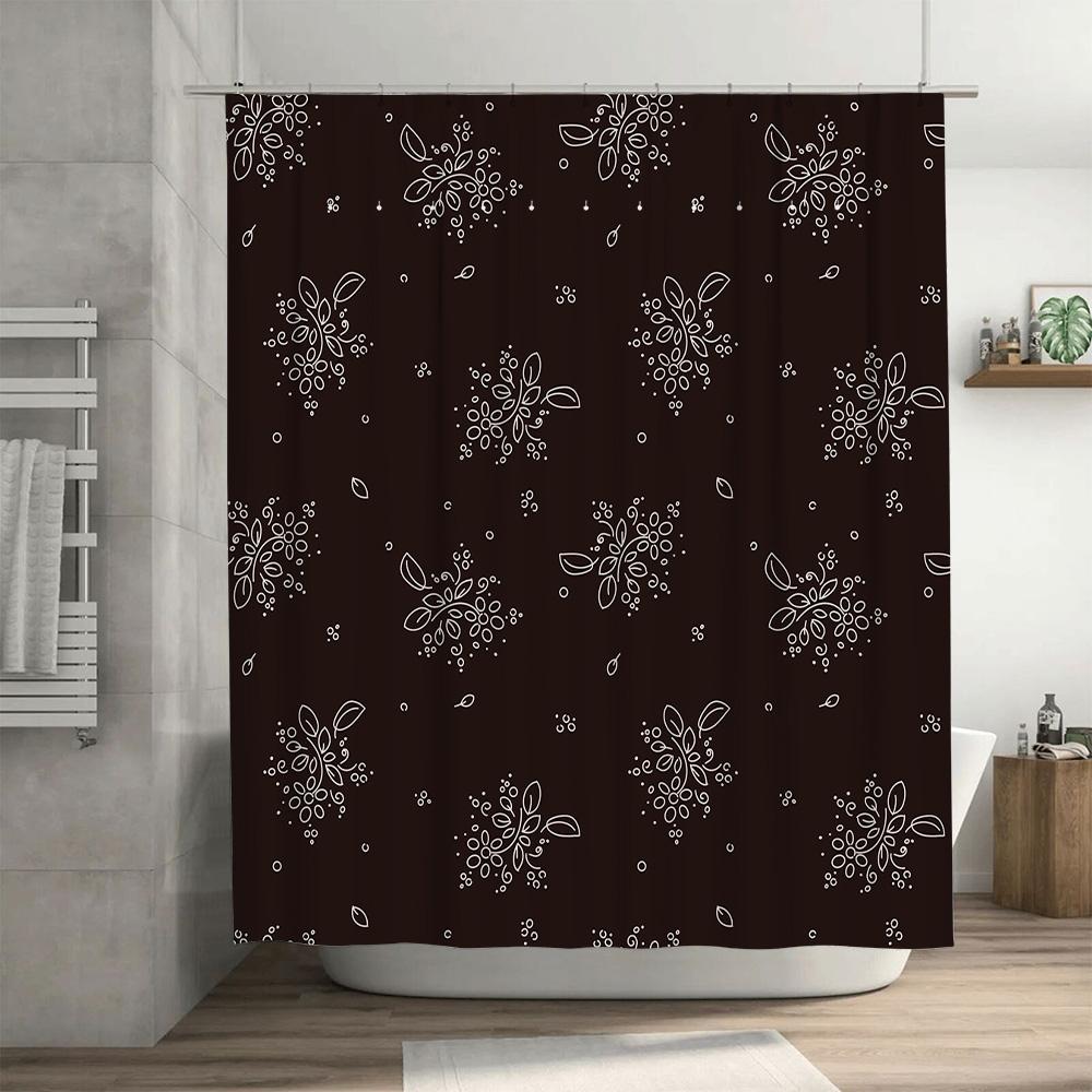 Classic White Floral Shower Curtain Waterproof Bathroom Decor with 12 Hooks Black Background (Brown)