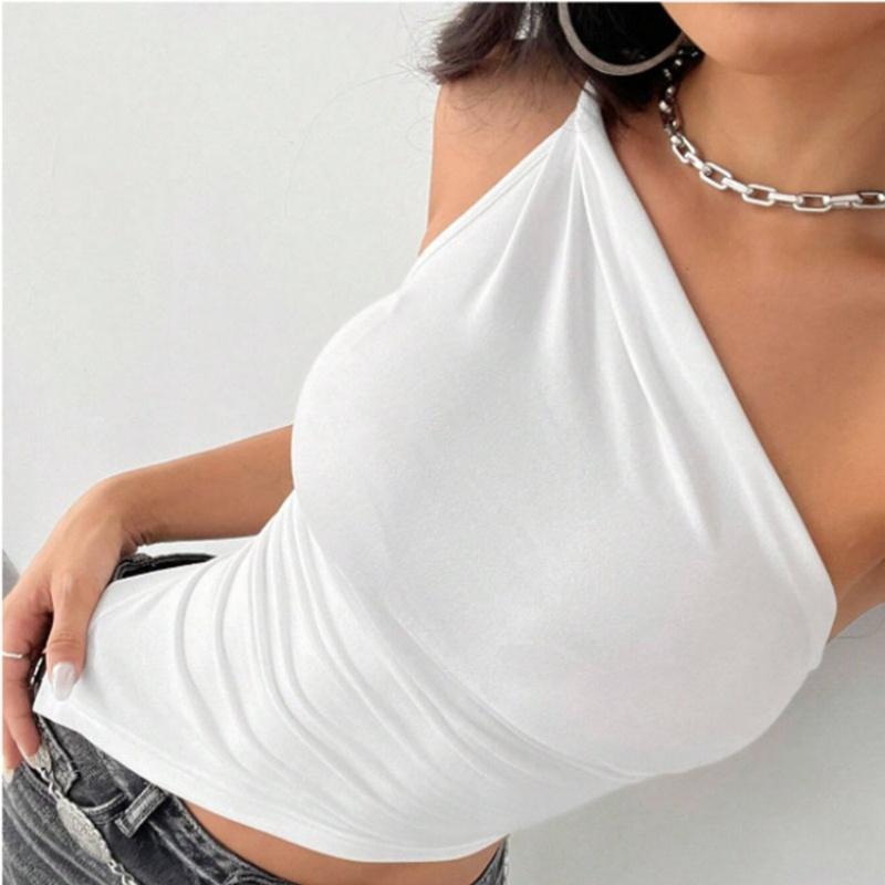 2026 New Fashionable Casual Women's T-Shirt Solid Color Single Shoulder Asymmetrical Slim Fit Top One-Piece Neck
