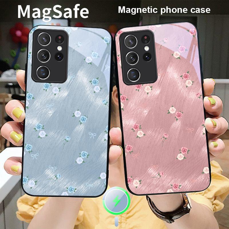 Gradient Yellow Rose For Samsung S25 S25 Edge S25Ultra S8 9 10 20 S21 Pro 22 Plus S23 FE S24 Ultra Magsafe Glass Phone Case