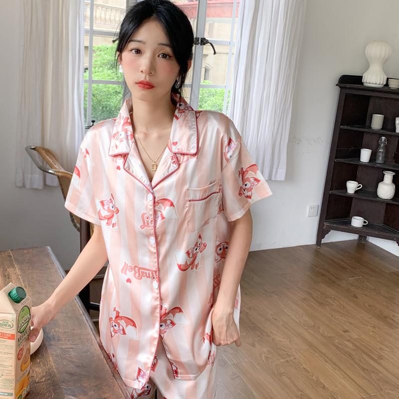 The Same Summer Pajamas Women'S Lapel Cardigan Short-Sleeved Shorts Loungewear Suit Lingna Belle