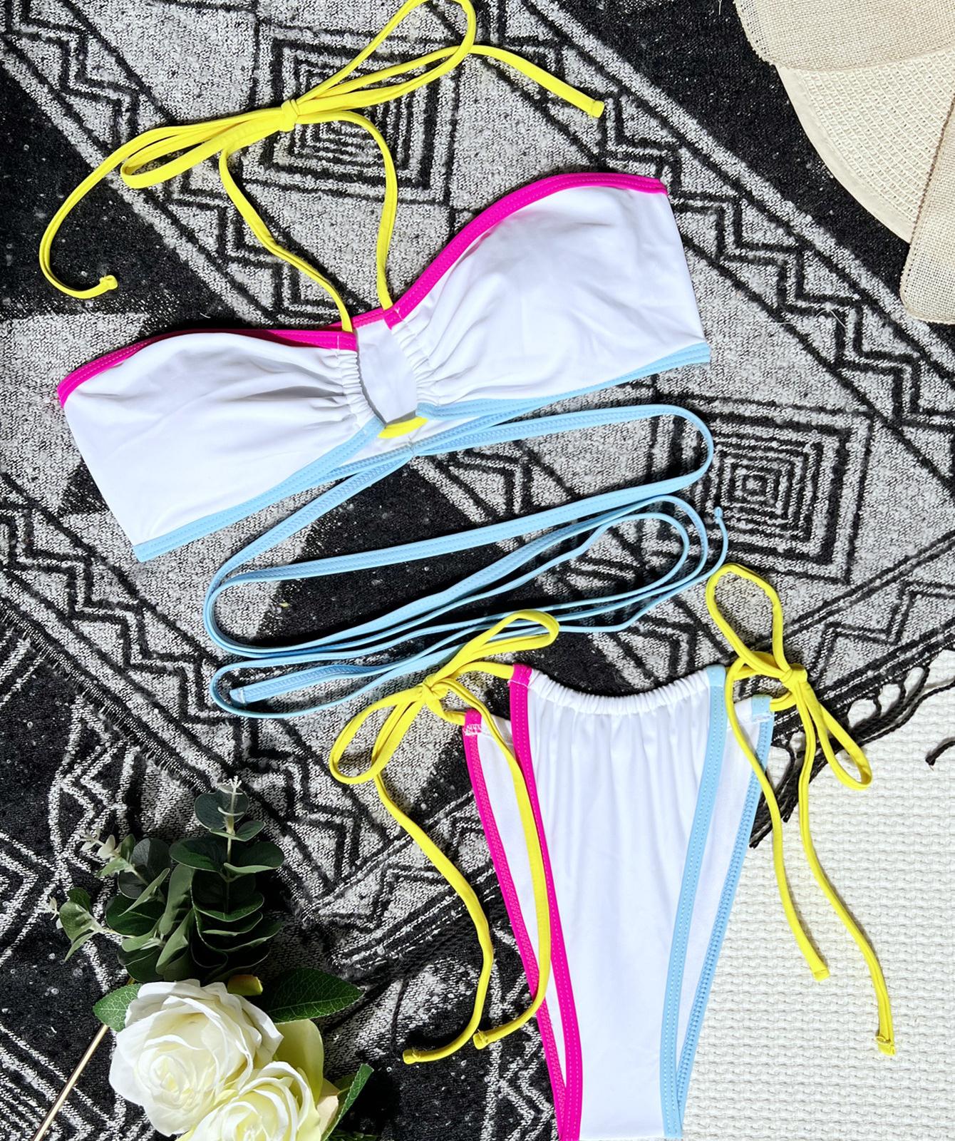 

Жіночі купальні костюми, суцільні бразильські купальні костюми для пляжного одягу, сексуальне бікіні з бічним зав язуванням та стрінги M білий