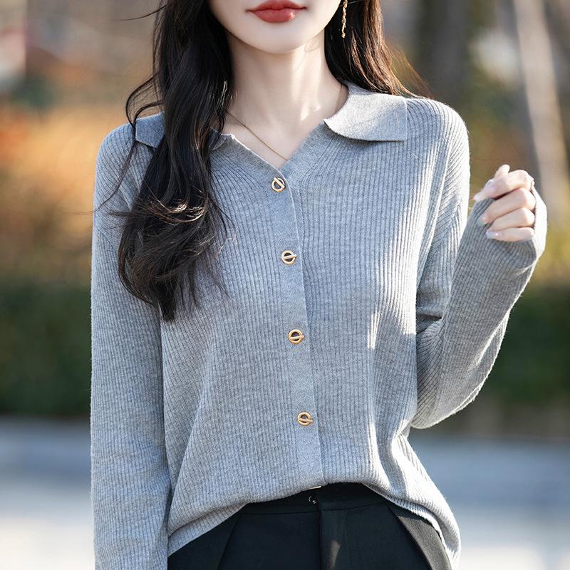 Solid Color Women's Polo Collar Knit Cardigan - Chic Fashionable Outerwear for Spring/Summer/Autumn 2026.