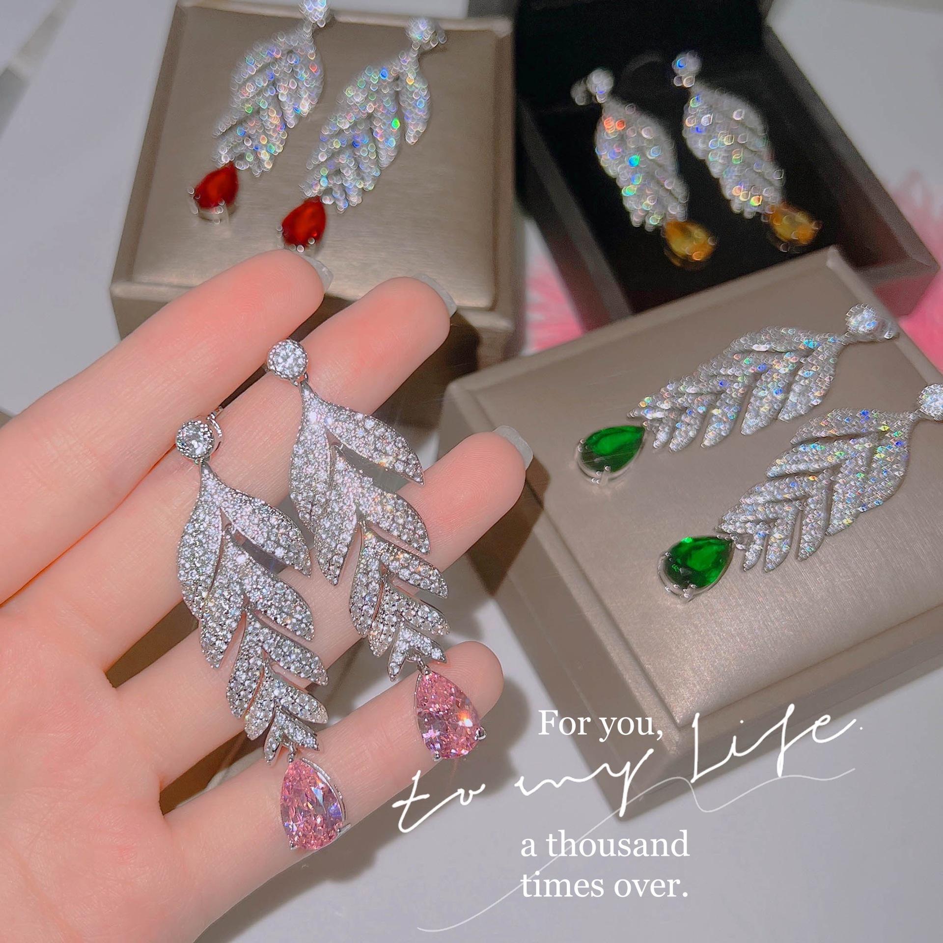 

Slightly Inlaid With Diamond Style Retro Water Drop Colored Treasure, Large Earrings, Leaf Earrings, Temperament Women S Earrings, Earrings.