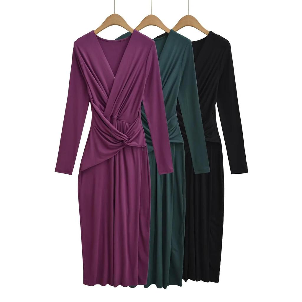 Elegant French Deep V-Neck Twisted Long-Sleeve Dress - Slimming Waist, Hip-Hugging Fit for Spring & Autumn