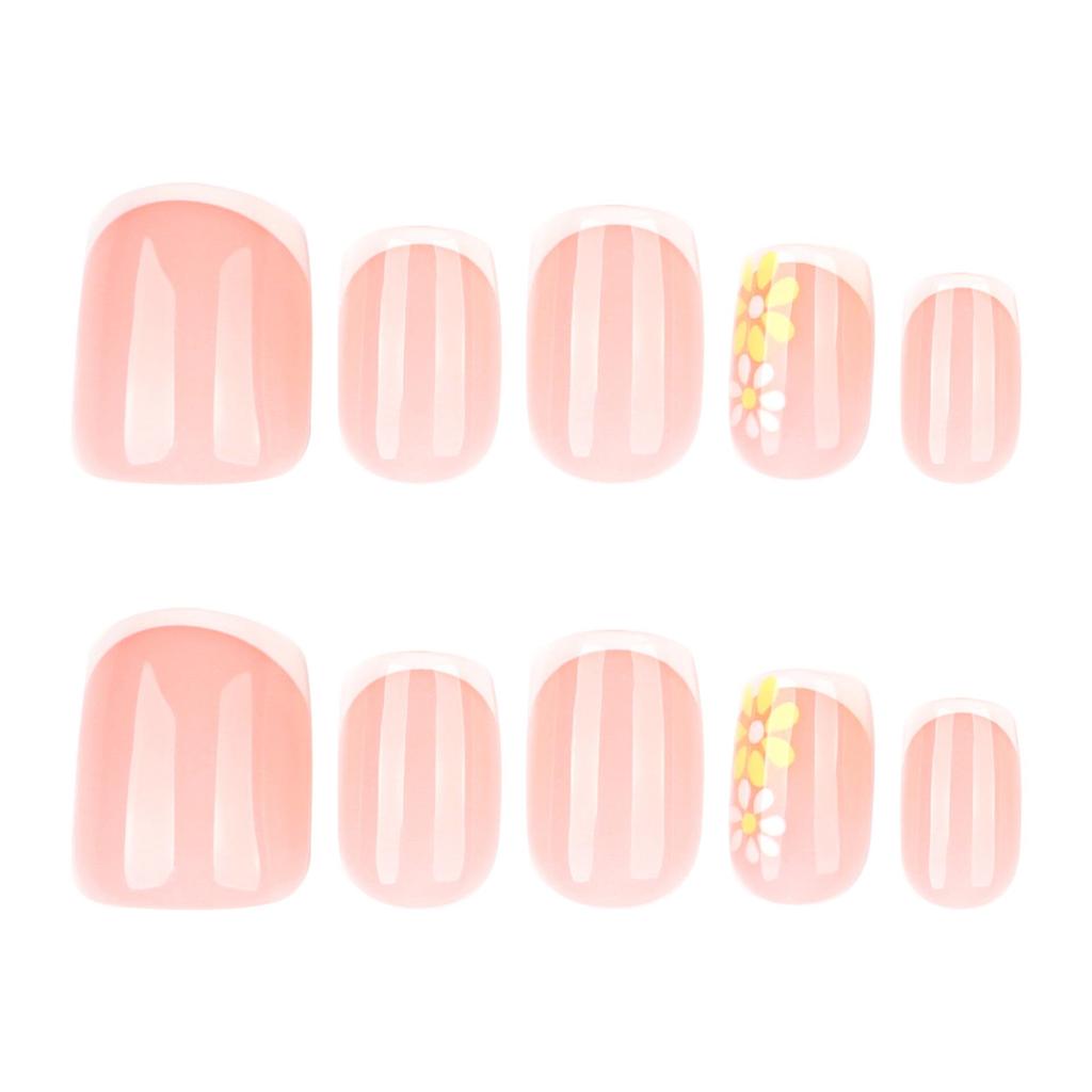 Simple Fresh Flower French Manicure White Square Short False Nails