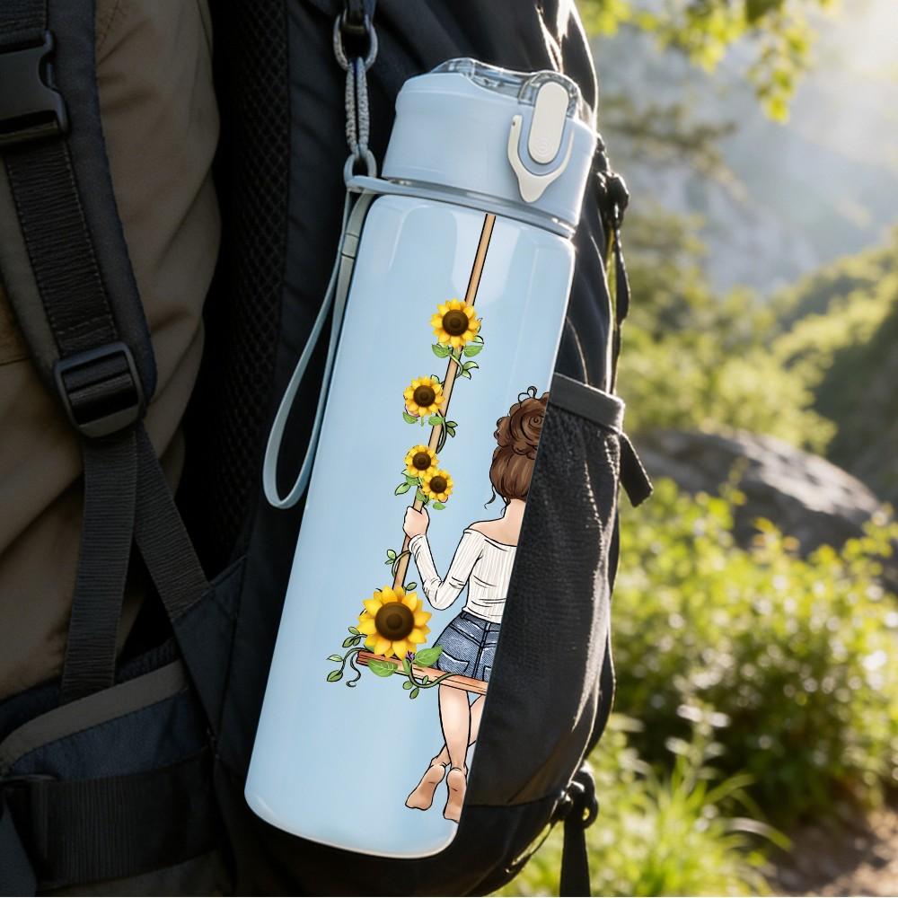 1PC Little Girl Swing Daisy Flower Field Art 750ml Color Plastic Sports Water Bottle Leakproof Flip Straw Lid Suitable for Sports Office Home Use