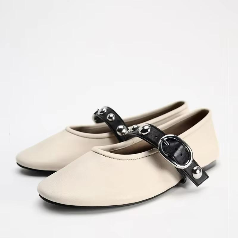 TRAF Woman Retro Ballet Style Flat Shoes Fashion Round Toe Shallow Mouth Single Shoes 2024 Autumn Lady Casual Buckle Strap Shoes