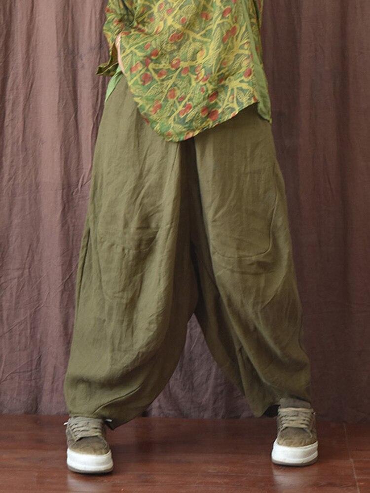 Johnature Women Casual Linen Wide Leg Pants Elastic Waist Solid Color Elastic Waist Trouser Autumn Loose Vintage Pants
