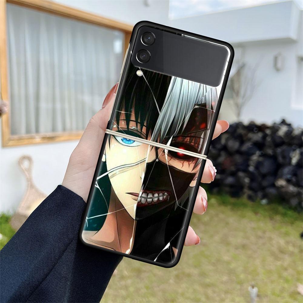 Luxury Case For Samsung Galaxy Z Flip 4 3 5G Black PC Hard Phone Cases Fashion Back Cover ZFlip Funda Anime Tokyo Ghoul Shell