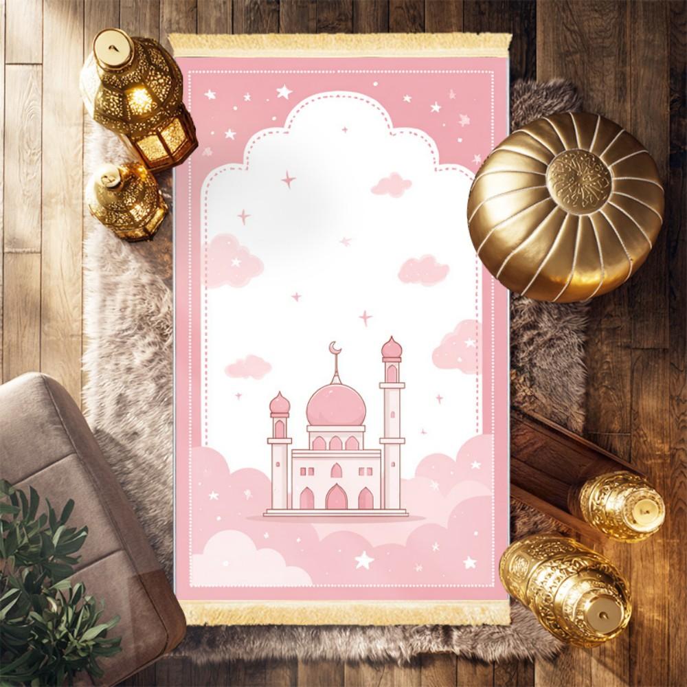 Schattig Roze Moskee Islamitisch Gebedskleed Polyester Draagbaar Kinderen Moslim Salah Mat Ramadan Sterrenwolk Huisdecoratie Tapijt 50x100cm(20x39inch