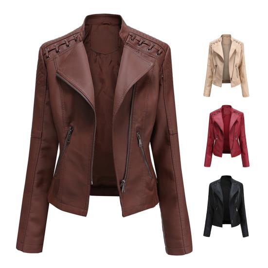 Women Autumn Winter Faux Leather Jacket Zipper Stand Collar Motorcycle Slim Coat