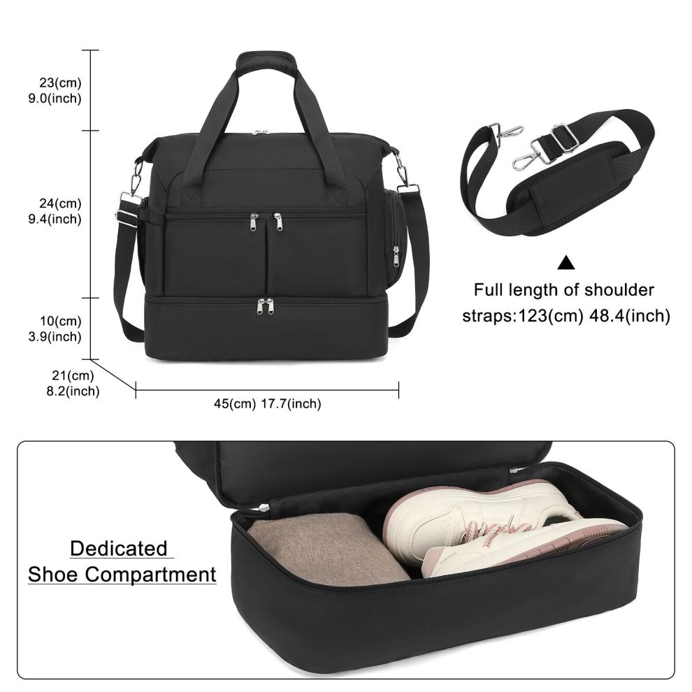 (Black) Waterproof Multi-Pocket Travel Duffel Bag Set With Dedicated Shoe Compartment