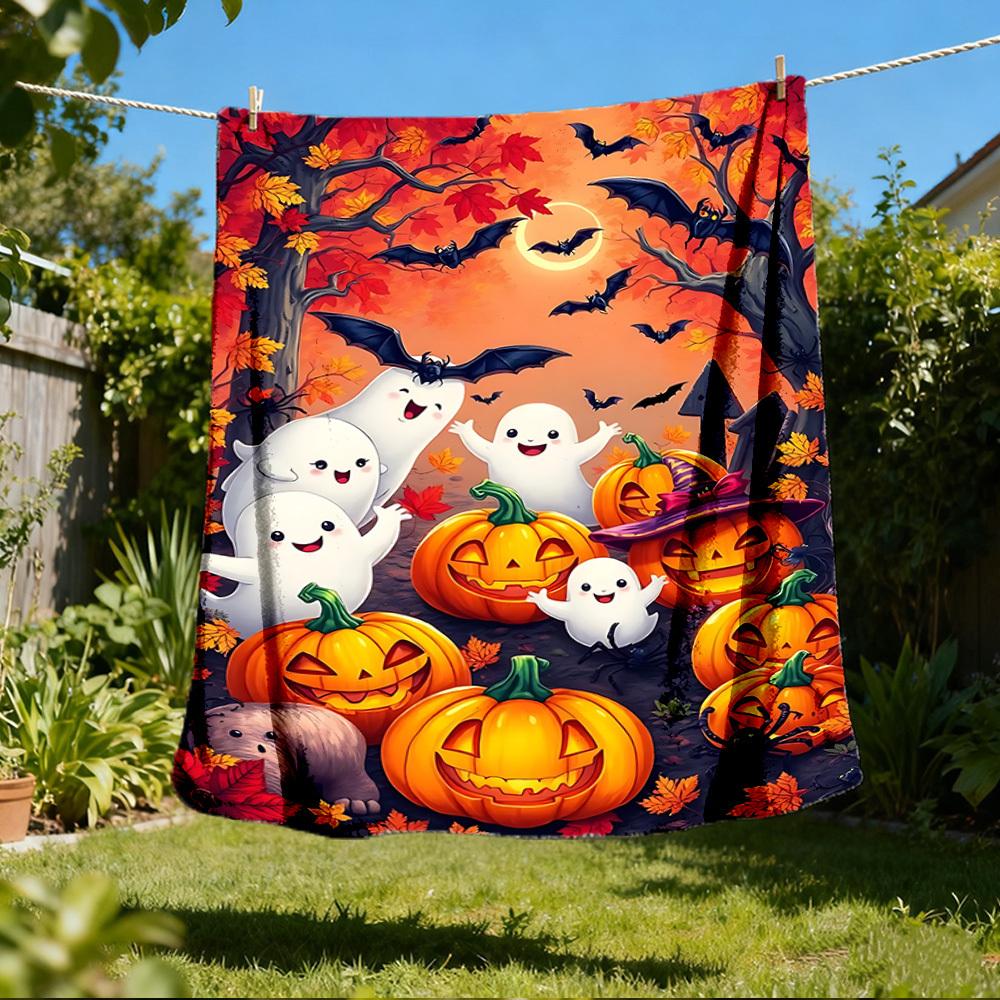 1pc Ghosts and Pumpkins Print Outdoor Blanket, Lightweight Polyester,