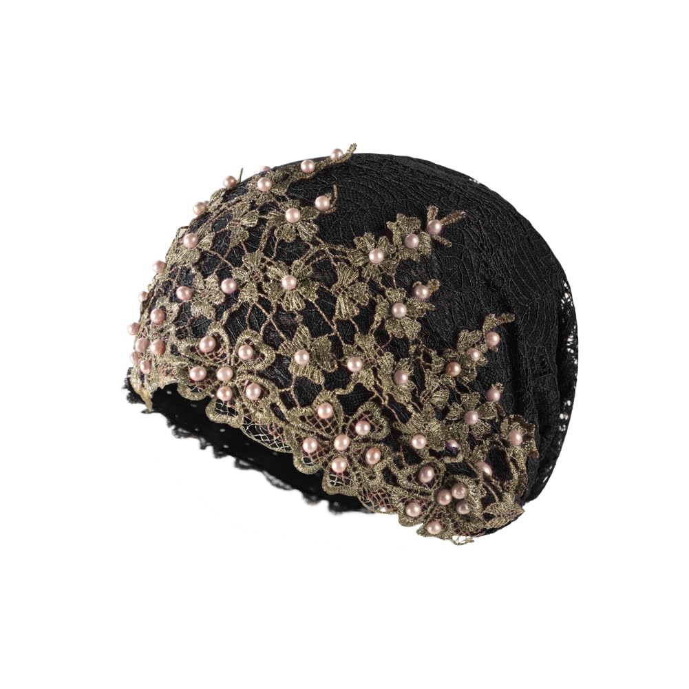 

LONTG Повязка на голову Бандана с цветочной вышивкой и стильная кружевная шапочка для волос Солнцезащитная Дышащая Медицинская Для дома и улицы Черная Женская Жемчуг, Шапочка, чёрный
