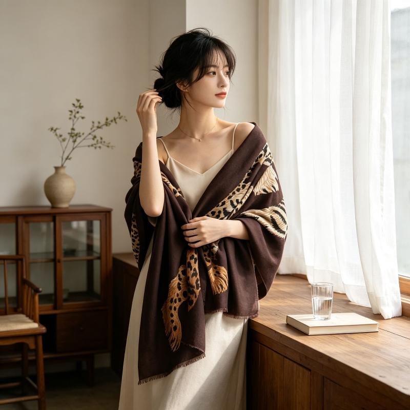 Luxury Women Scarf Leopard Tiger Print Scarf Soft Shawl Vintage Animal Scarf Oversized Breathable Neck Scarves Daily Outfit
