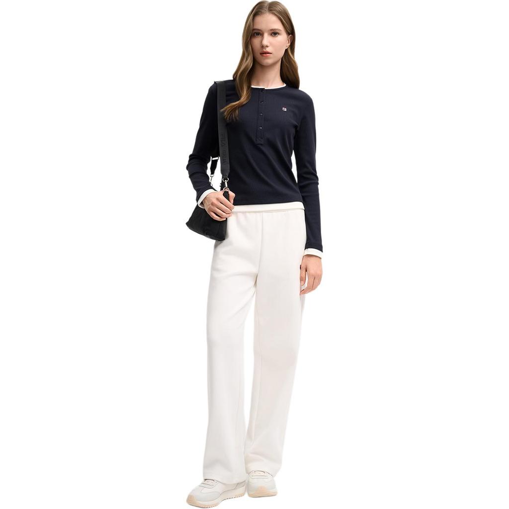 Fila Heritage Faux Two-Piece Casual Slim Fit Knit Crew Neck Long Sleeve T-Shirt Women Tops F11W548214F-NV