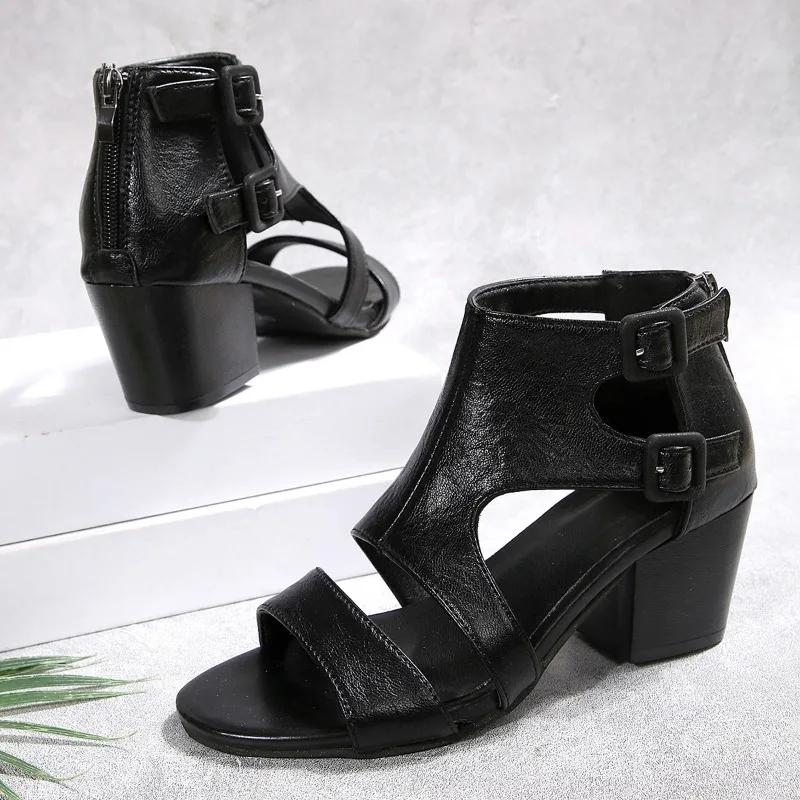 Shoes Female Sandal Large Size 2025  Open Toe High Heels Girls Low Big Gladiator Comfort New Fashion Peep Beige