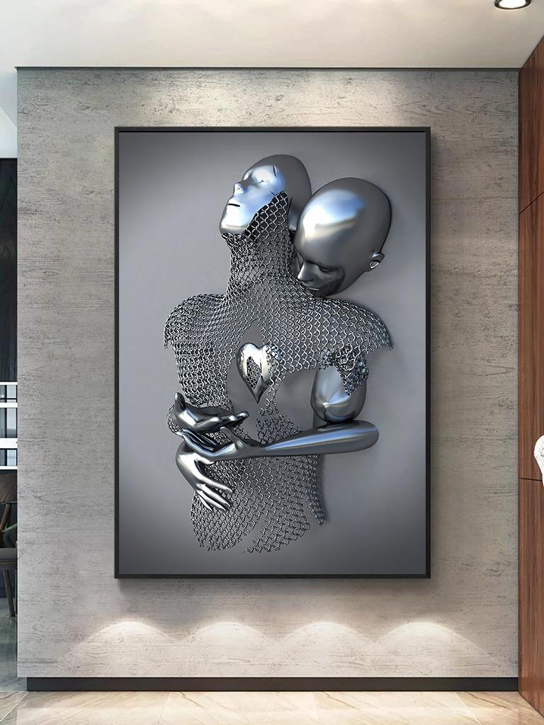 3D Love Heart Grey Art Painting On Canvas Metal Figure Statue Art Posters and Prints Wall Pictures for Living Room Home Decor