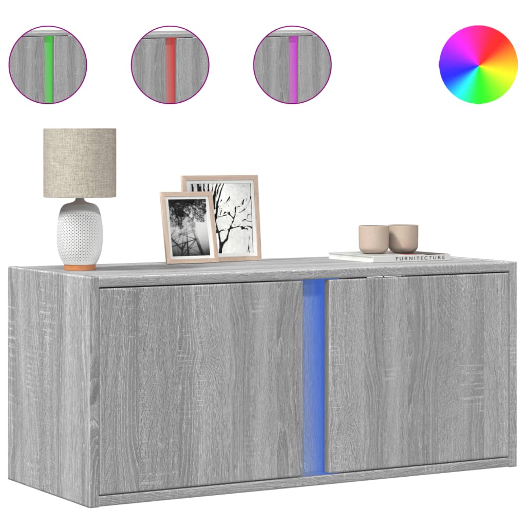 Wall Mounted TV Cabinet with LED Lighting Grey Sonoma 80 x 31 x 35 cm