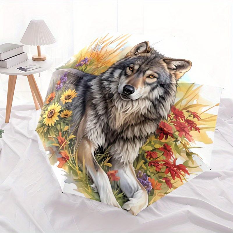 

1pc Gray Wolf amidst a Field of Colorful Flowers Automatic Opening and Closing Umbrella - Suitable for Various Occasions, Outdoor Activities, Lig