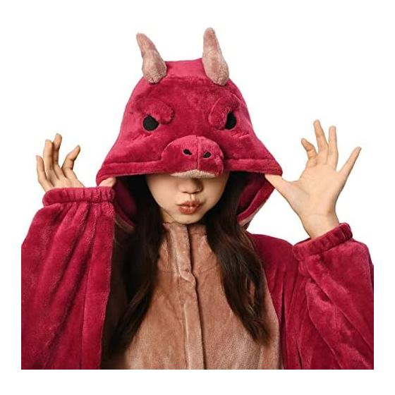 [OLAOLA] Dragon Kigurumi Pajamas for Adults Red Halloween Costume Disguise Animal Loungewear Dragon Fluffy Warm Cold Weather Room Wear Flannel Unisex
