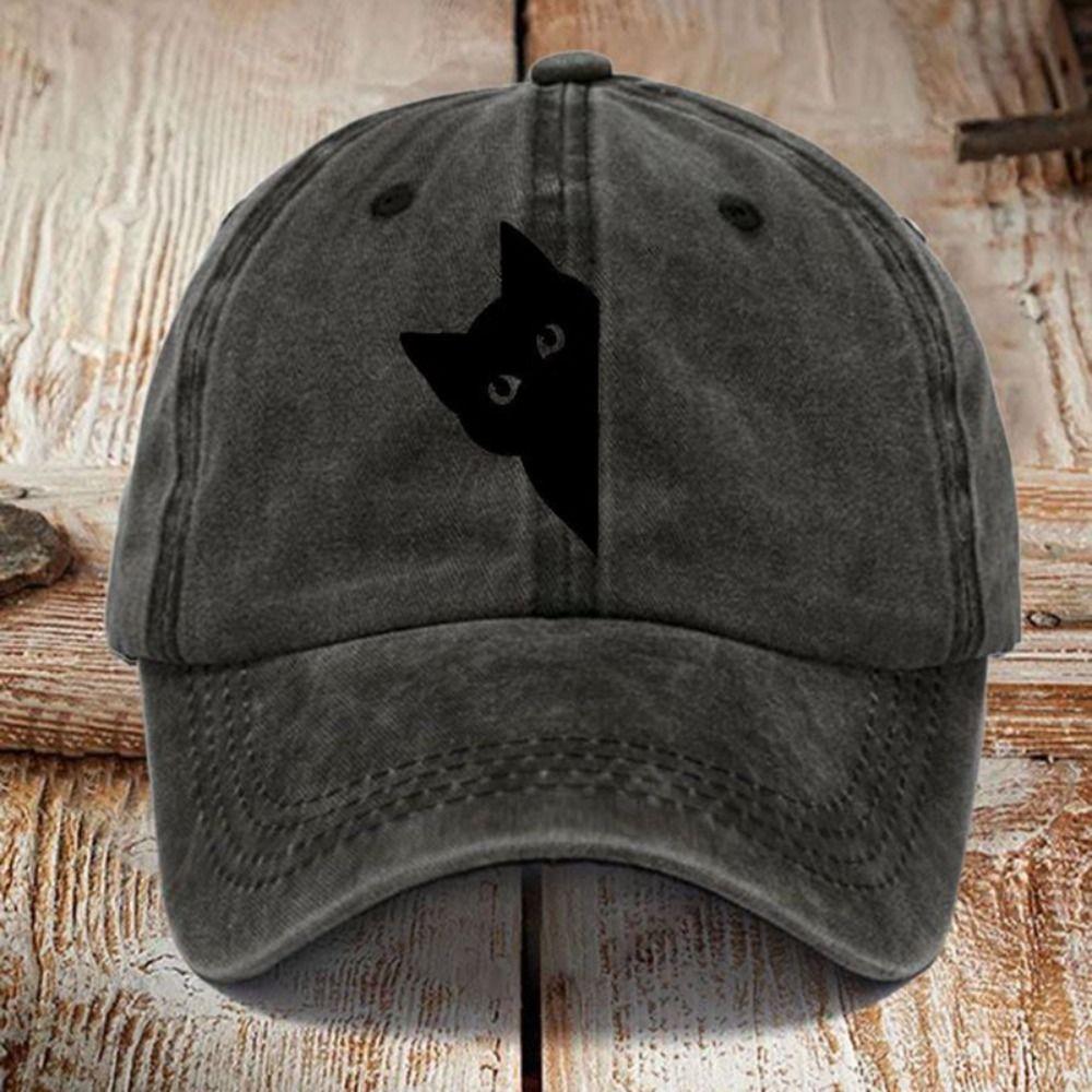 Fun Little Black Cat Printed Visor Baseball Cap Adjustable Washed Cotton Baseball Hats Outdoor Leisure Faded