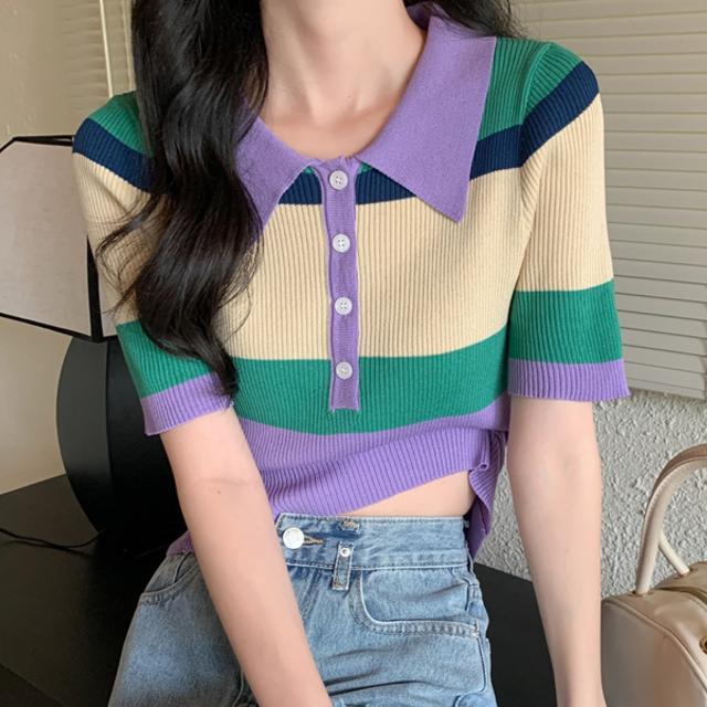 Větrný studentský super horký barevný pletený svetr s POLO límcem nadměrné velikosti dámské letní tričko s krátkým rukávem