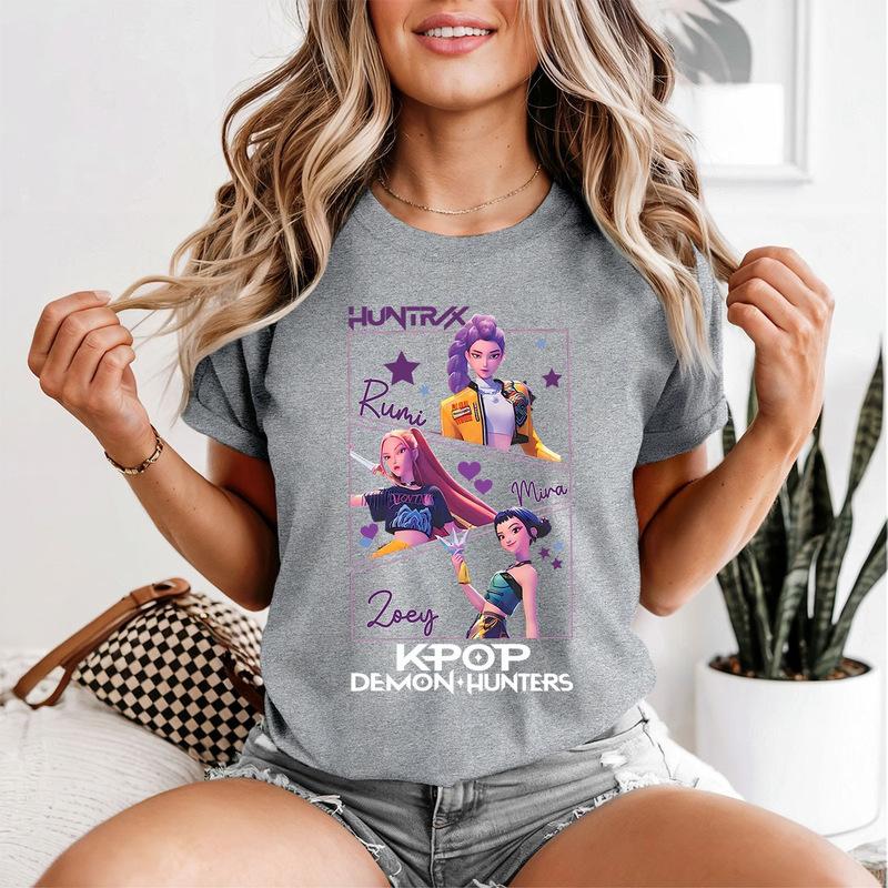 Women s Printed T-shirt KPop Demon Hunter Casual O-Neck Fashionable Short Sleeved Top S