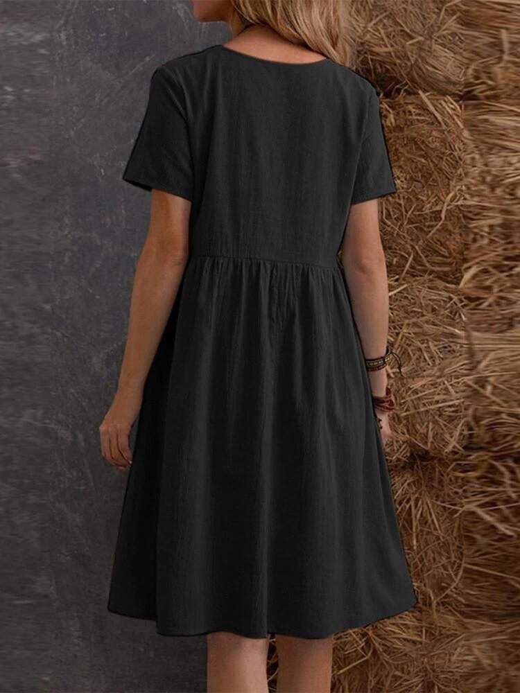 2026 Retro Lockeres Taschen-Einfarbiges Baumwoll-Leinen-Kleid für Damen