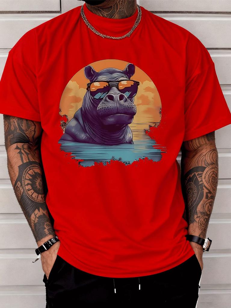 Cool Sunglasses Hippo Sunset Lake Scenery Graphic Unisexs Cotton Crew Neck Tee Short Sleeve Loose Casual Daily Street Male Wear Top