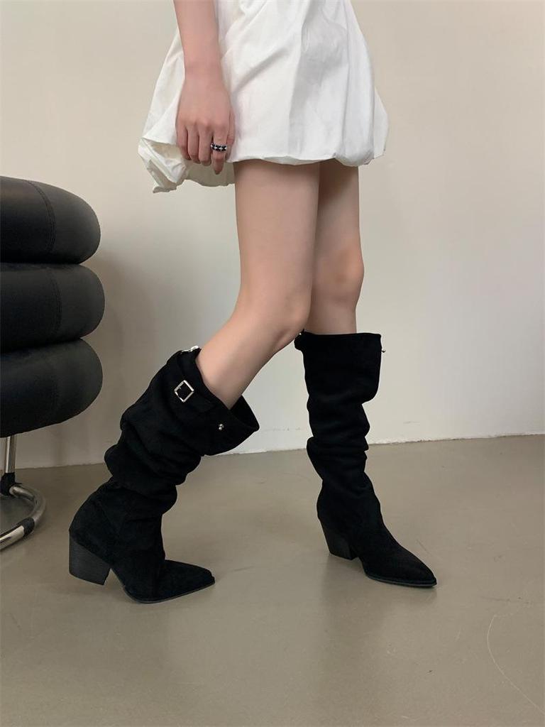 Stivali da Cavaliere Sottili con Tacco Alto Song Xixi 2025 Europei e Americani - Gambale Extra Largo, Tacco Chunky, Punta Sottile