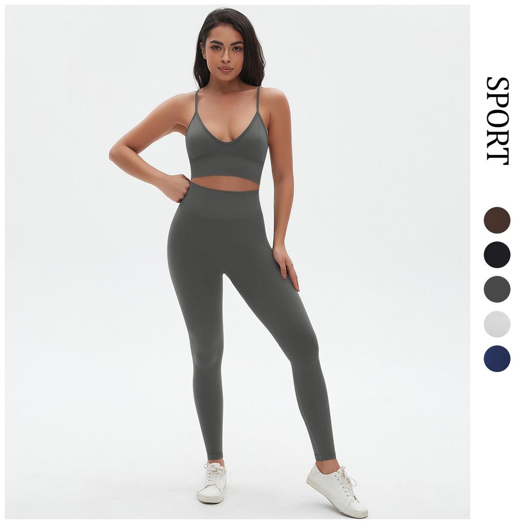 New High Waist And Hip Lifting Tight Pants Set With Strap, Beautiful Back, Sports Bra Set, Fitness Seamless Quick Drying Yoga Two Piece Set, Women'S