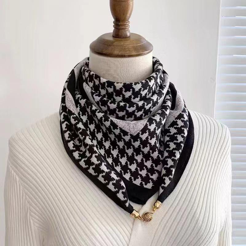 Women's 65" Silk Square Scarf with Magnetic Buckle – Autumn/Winter Print, Fashionable & Versatile Triangle Snood