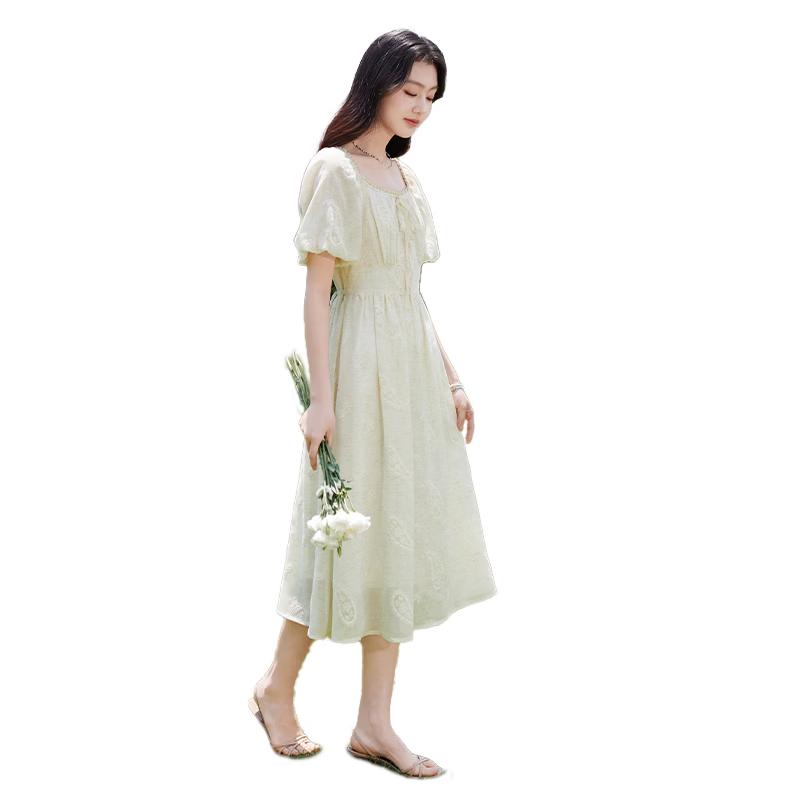 Xiangying Women s Linen Blend Bubble Sleeve Square Neck Dress L