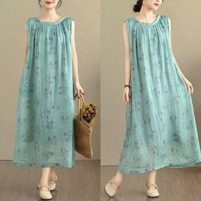 Long Skirt Summer Sleeveless Round Neck Printed Dress for Women