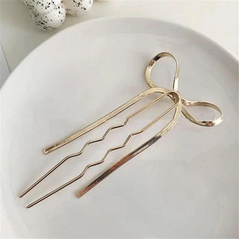 Koreanische Haaraccessoires Metallschleife U-förmige Haarnadeln für Damen Mädchen Silber Gold Farbe Haarschmuck Schlichte Mode Haarstäbe Geschenke