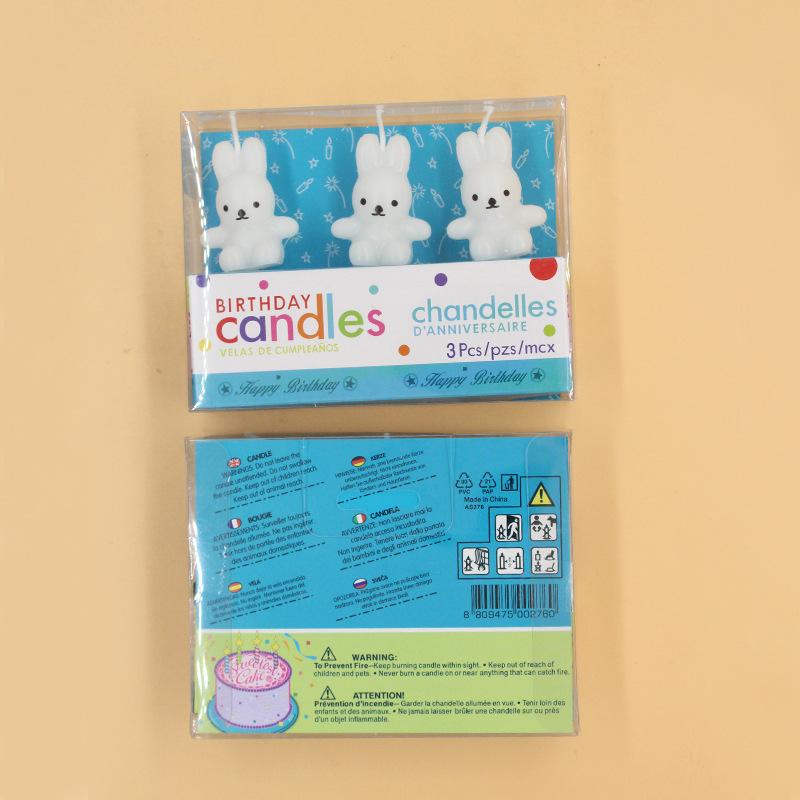 New Cute 3 Pieces PVC Boxed White Rabbit Cartoon Candles Birthday Cake Party Rabbit Decoration Candles