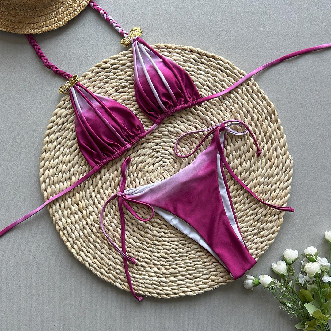 

Halter Gradient Scrunch Butt Bikini Women Swimwear Female Swimsuit Two-pieces Bikini set Padded Bather Bathing Suit Swim K6826 L фіолетовий