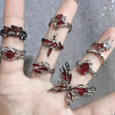 Oregelbunden Röd Kristallglas Hjärta Estetiska Ringar För Kvinnor Y2K Gothic Animal Spider Ring Creative Grunge Smycken Tillbehör
