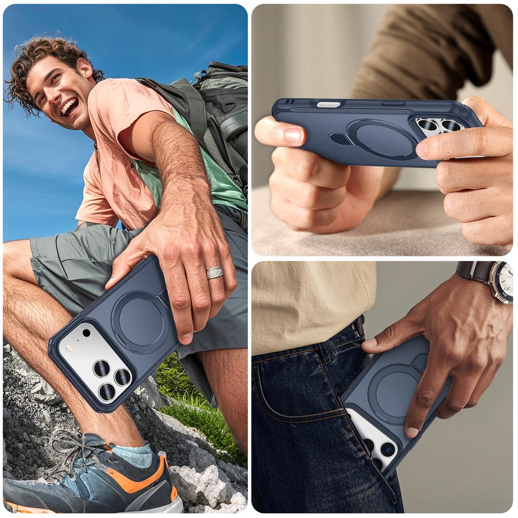 For iPhone 17 Pro Shockproof Case TPU+PC Phone Cover Compatible with MagSafe Rotating Kickstand