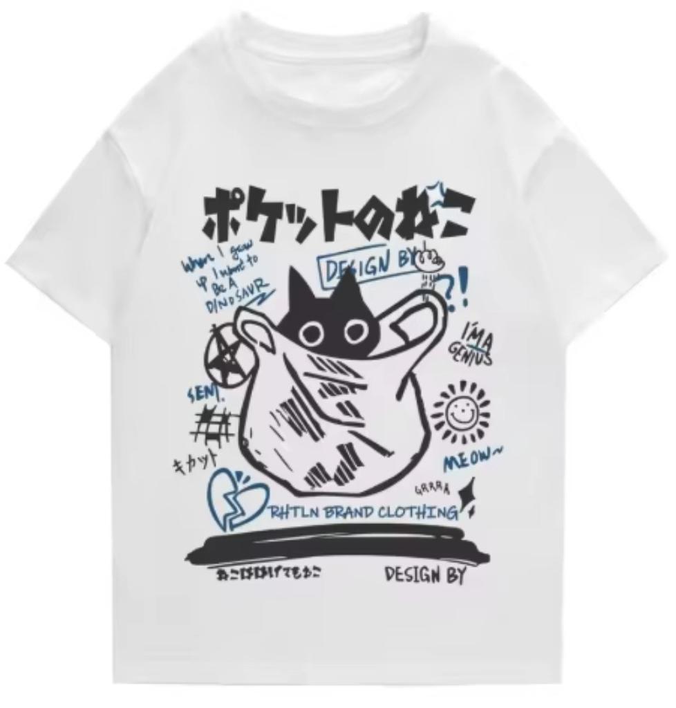 2026 Summer New Fashion Tshirt Pocket Black Cat Japanesestyle Graffiti Print Tshirt Unisex And Unisex Pure Cotton Breathable Top