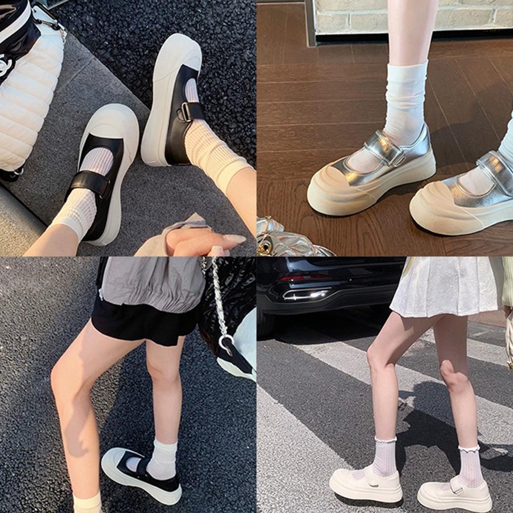 Traubenmama Studiolee Big Head Klettverschluss Muffin Dicke Sohle Erhöhend Runder Kopf Flacher Ausschnitt Mary Janes Kleine Lederschuhe Damen