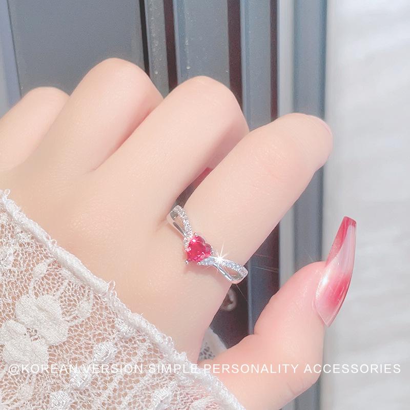 Fashion Ladies Crystal Red Love Heart Open Adjustable Rings Jewelry