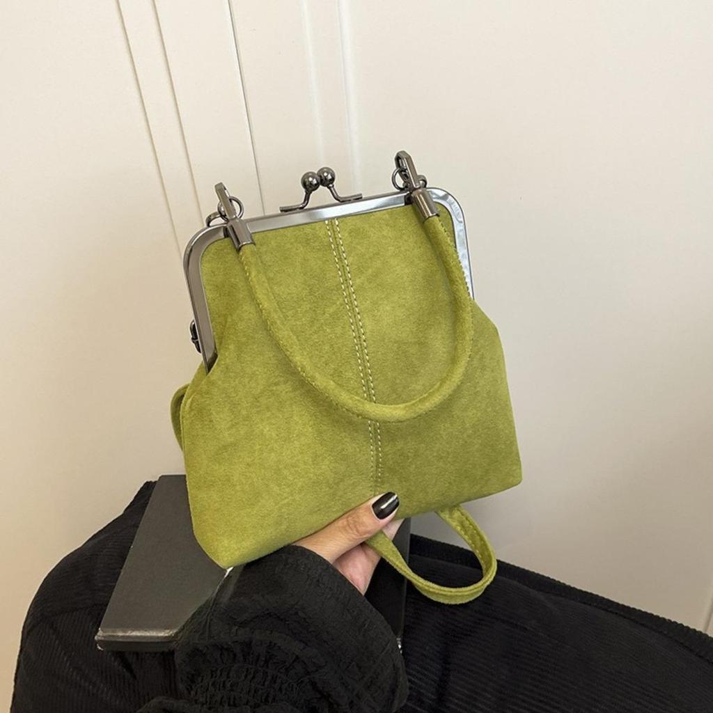 Imitation Suede Women's Retro Crossbody Bag, Elegant Contrasting Color Kiss Lock Shoulder Bag, Detachable Shoulder Strap Small Handbag, Daily Handbag