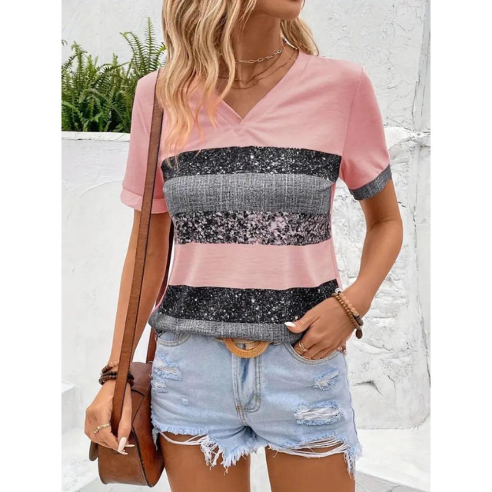 

Літня жіноча футболка Повсякденна футболка з коротким рукавом у ретро-смужку Футболки з V-подібним вирізом Модний вуличний жіночий одяг великого розміру 5XL